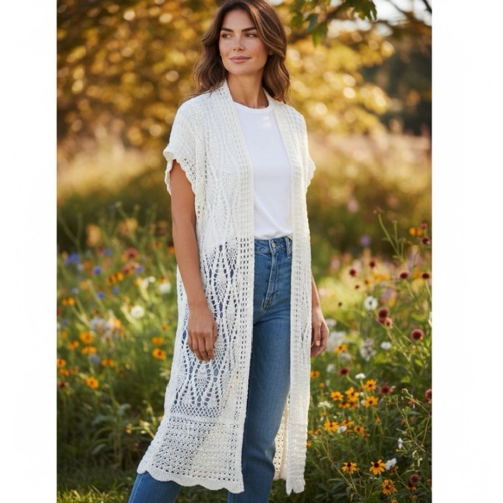 Alice + Olivia 100% Cotton White Boho Crochet Open Front Long Cardigan Size XS